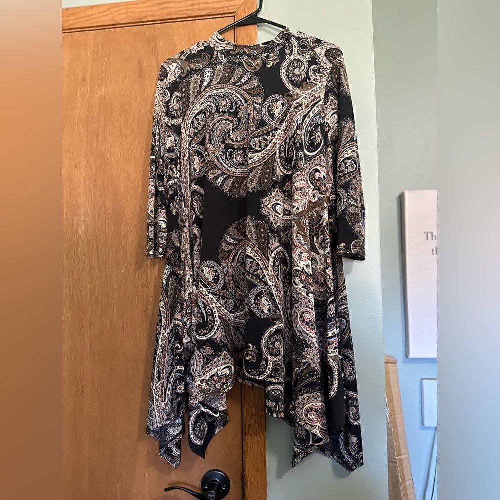 Honeyme Paisley Mockneck Tunic Dress High Low Sides Semi Sheer  Size Small EUC